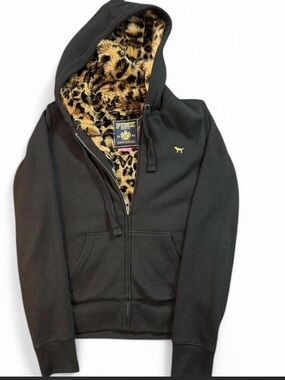 RARE PINK Leopard Lined Black Zip Hoodie